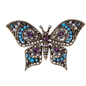 Vintage ART Arthur Pepper Butterfly Pin Brooch/Gold Tone Colored Beads & Crystal